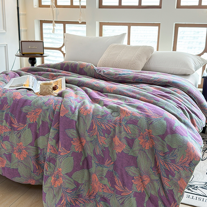 91家纺网 家纺一手货源 找家纺 全美家居 2025新款全棉色织双层纱春秋被夏被加厚冬被大豆纤维被 夕颜紫