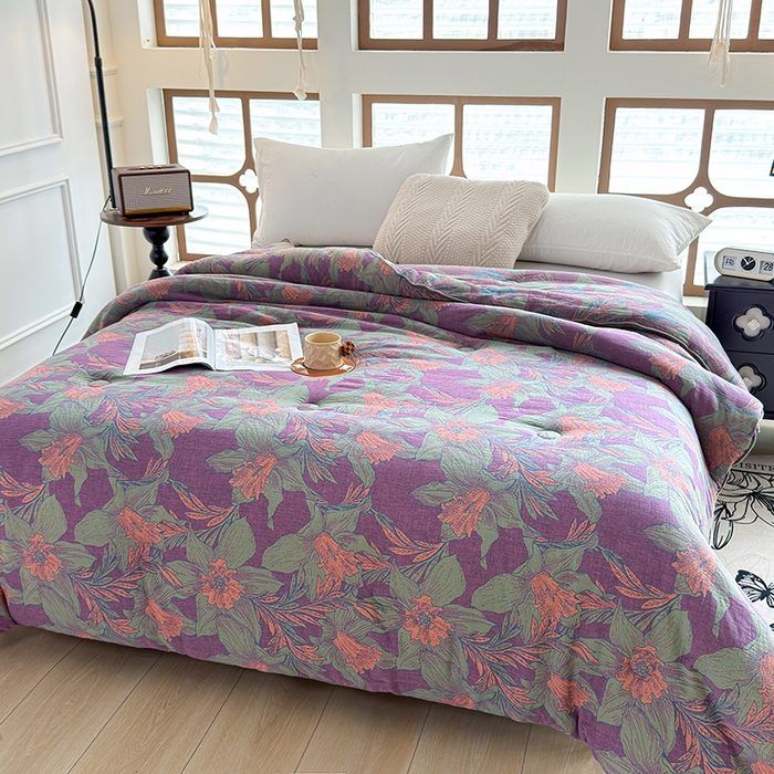 91家纺网 家纺一手货源 找家纺 全美家居 2025新款全棉色织双层纱春秋被夏被加厚冬被大豆纤维被 夕颜紫