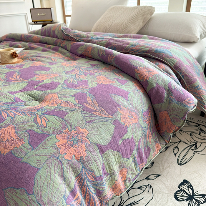 91家纺网 家纺一手货源 找家纺 全美家居 2025新款全棉色织双层纱春秋被夏被加厚冬被大豆纤维被 夕颜紫