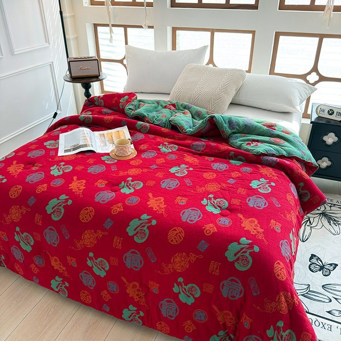 91家纺网 家纺一手货源 找家纺 全美家居 2025新款全棉色织双层纱春秋被夏被加厚冬被大豆纤维被 百福