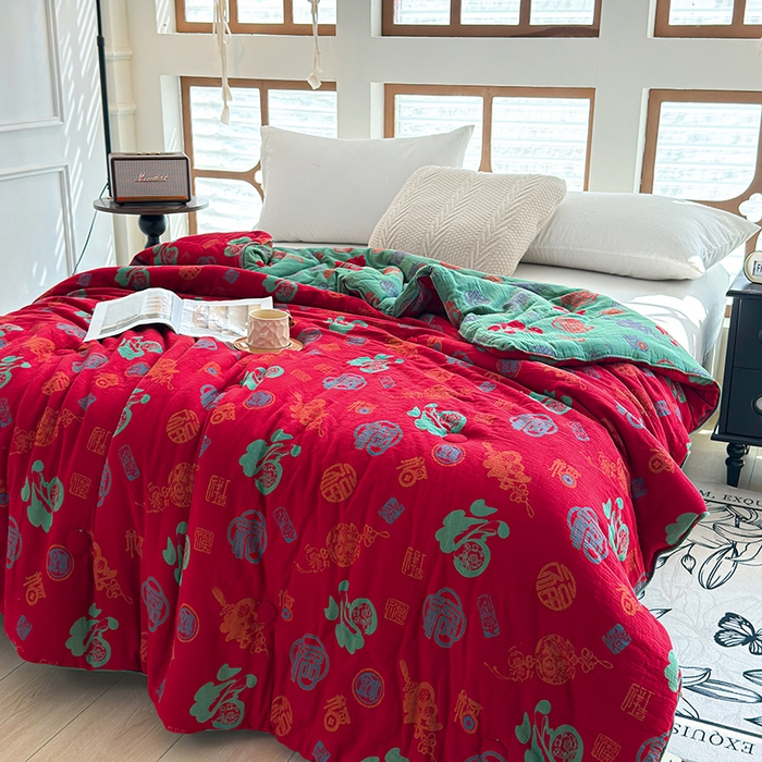 91家纺网 家纺一手货源 找家纺 全美家居 2025新款全棉色织双层纱春秋被夏被加厚冬被大豆纤维被 百福