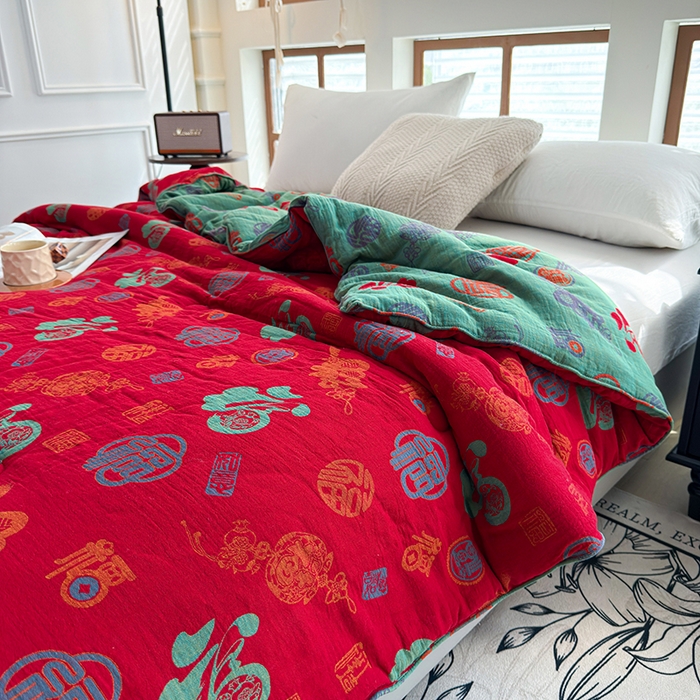 91家纺网 家纺一手货源 找家纺 全美家居 2025新款全棉色织双层纱春秋被夏被加厚冬被大豆纤维被 百福