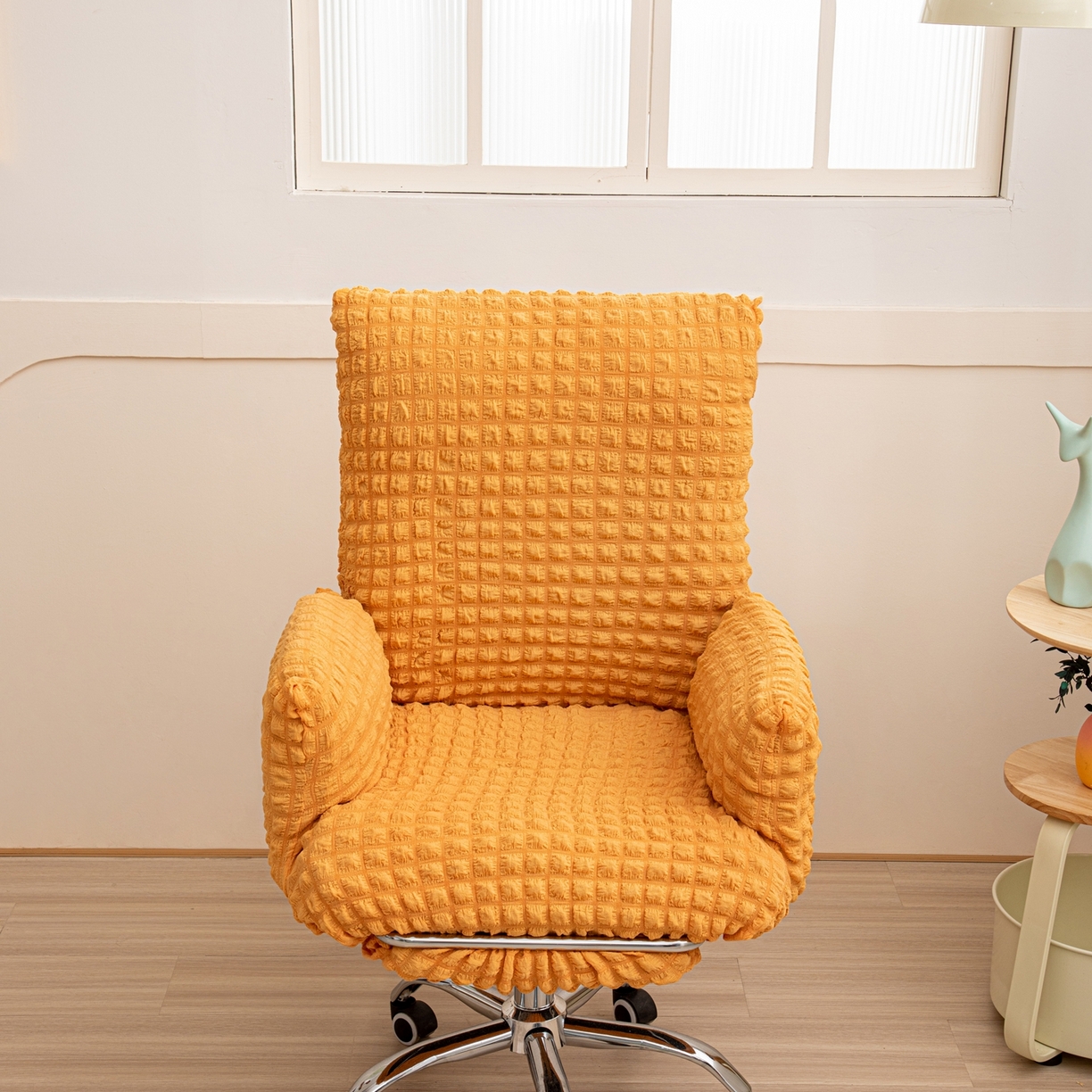 91家纺网 家纺一手货源 找家纺 沐沐家纺 2026新款泡泡纱办公椅套 橙色