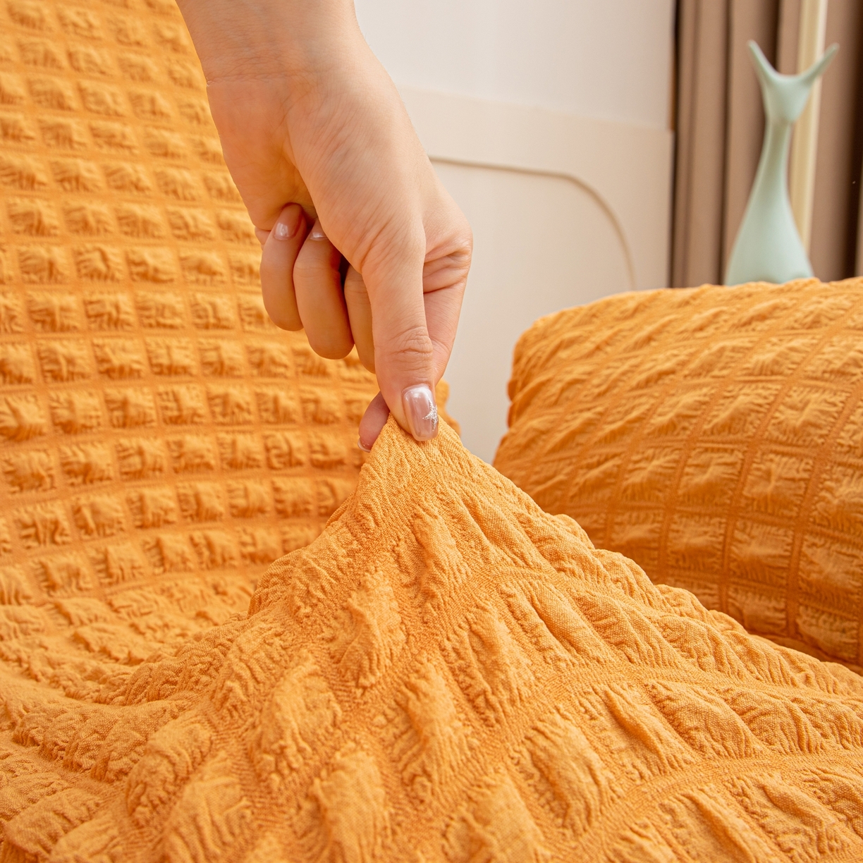 91家纺网 家纺一手货源 找家纺 沐沐家纺 2026新款泡泡纱办公椅套 橙色