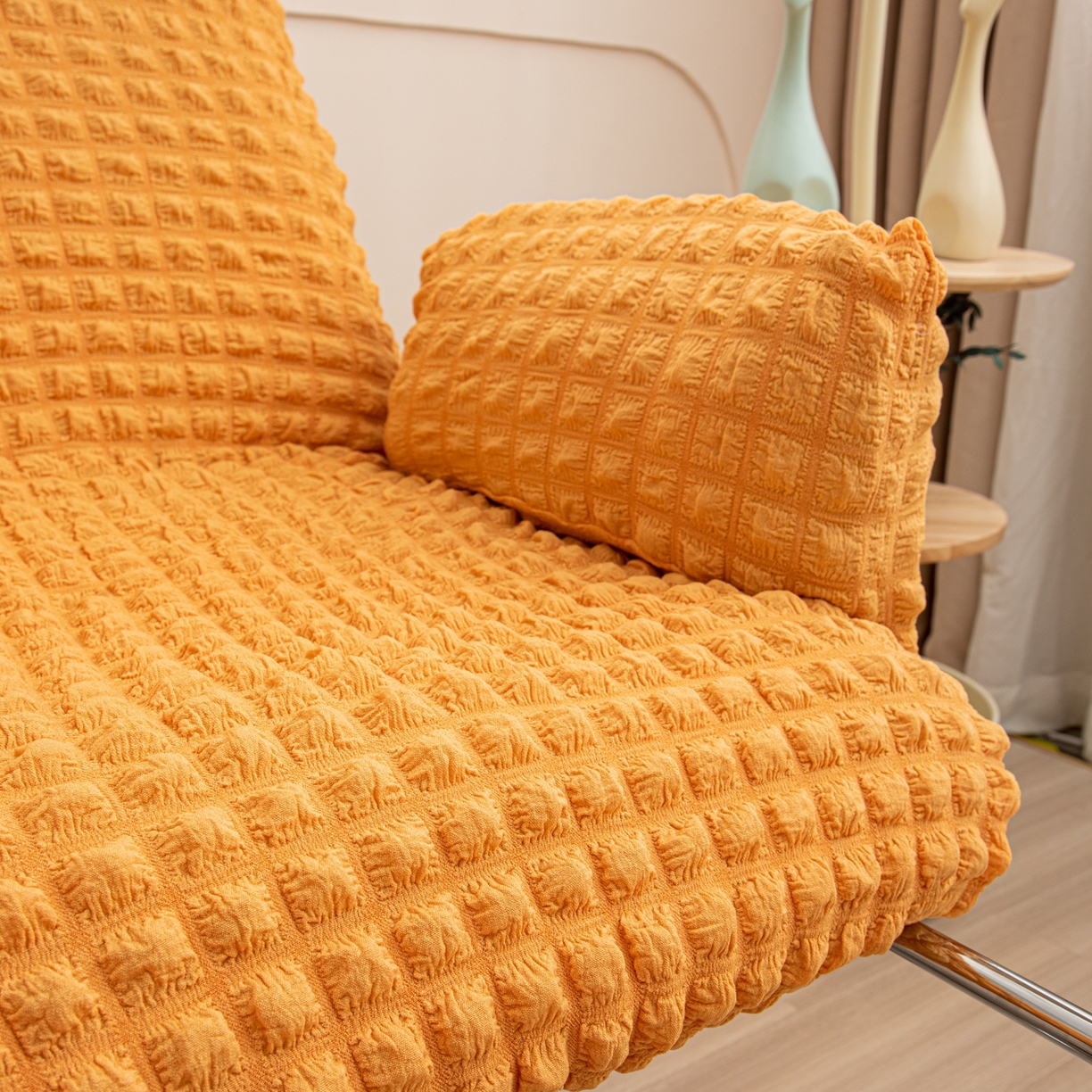 91家纺网 家纺一手货源 找家纺 沐沐家纺 2026新款泡泡纱办公椅套 橙色