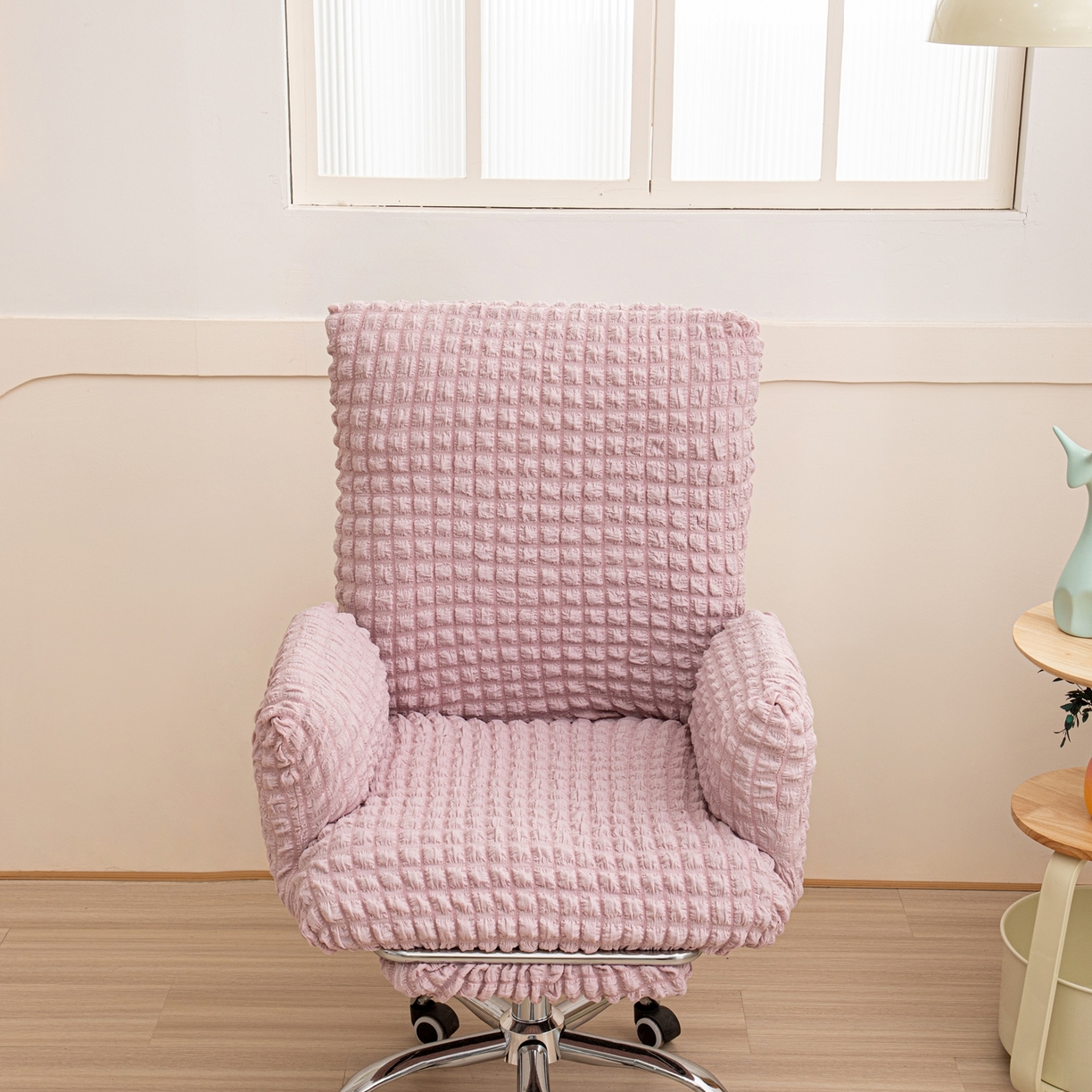 91家纺网 家纺一手货源 找家纺 沐沐家纺 2026新款泡泡纱办公椅套 粉色