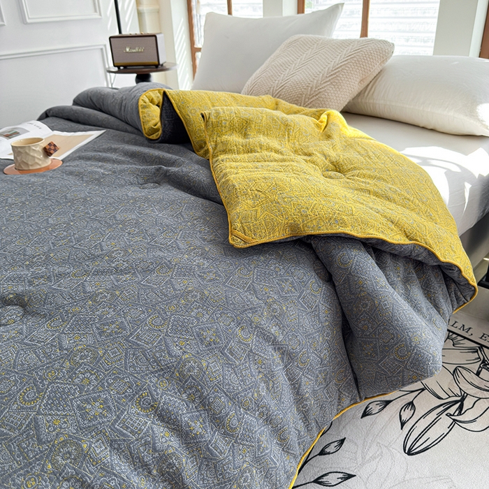 91家纺网 家纺一手货源 找家纺 全美家居 2025新款全棉色织双层纱春秋被夏被加厚冬被大豆纤维被 梦境黄