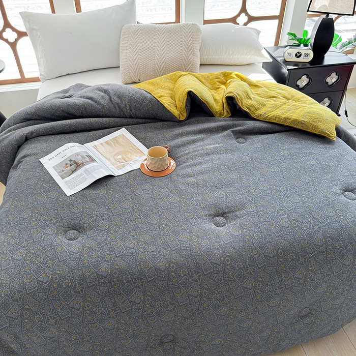 91家纺网 家纺一手货源 找家纺 全美家居 2025新款全棉色织双层纱春秋被夏被加厚冬被大豆纤维被 梦境黄