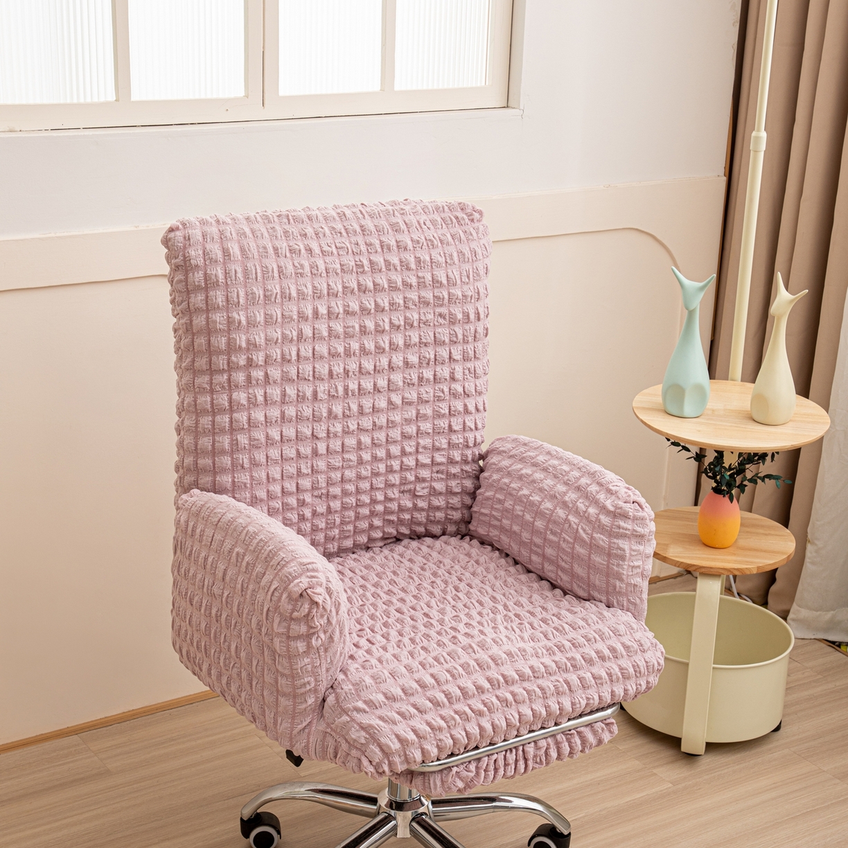 91家纺网 家纺一手货源 找家纺 沐沐家纺 2026新款泡泡纱办公椅套 粉色