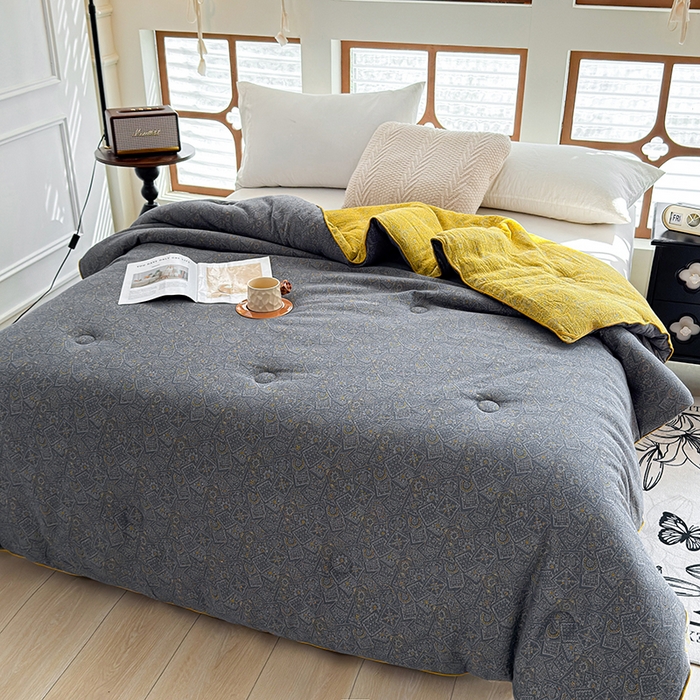 91家纺网 家纺一手货源 找家纺 全美家居 2025新款全棉色织双层纱春秋被夏被加厚冬被大豆纤维被 梦境黄