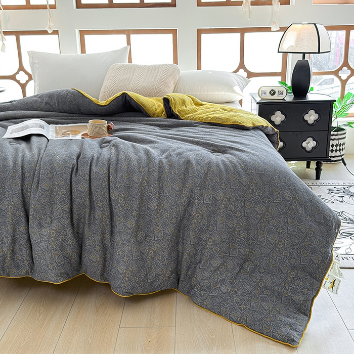 91家纺网 家纺一手货源 找家纺 全美家居 2025新款全棉色织双层纱春秋被夏被加厚冬被大豆纤维被 梦境黄