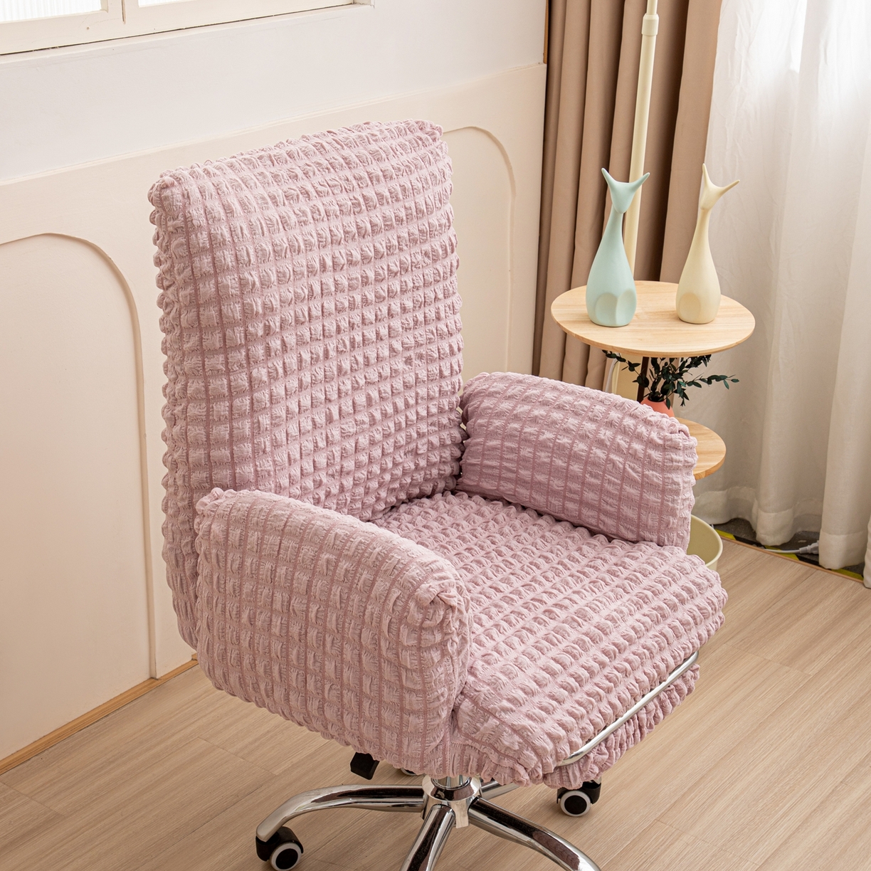 91家纺网 家纺一手货源 找家纺 沐沐家纺 2026新款泡泡纱办公椅套 粉色