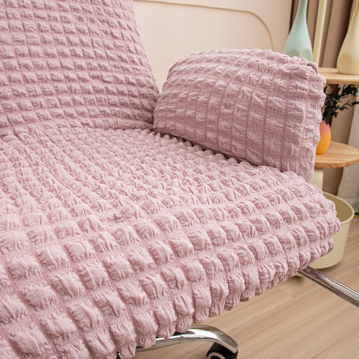 91家纺网 家纺一手货源 找家纺 沐沐家纺 2026新款泡泡纱办公椅套 粉色