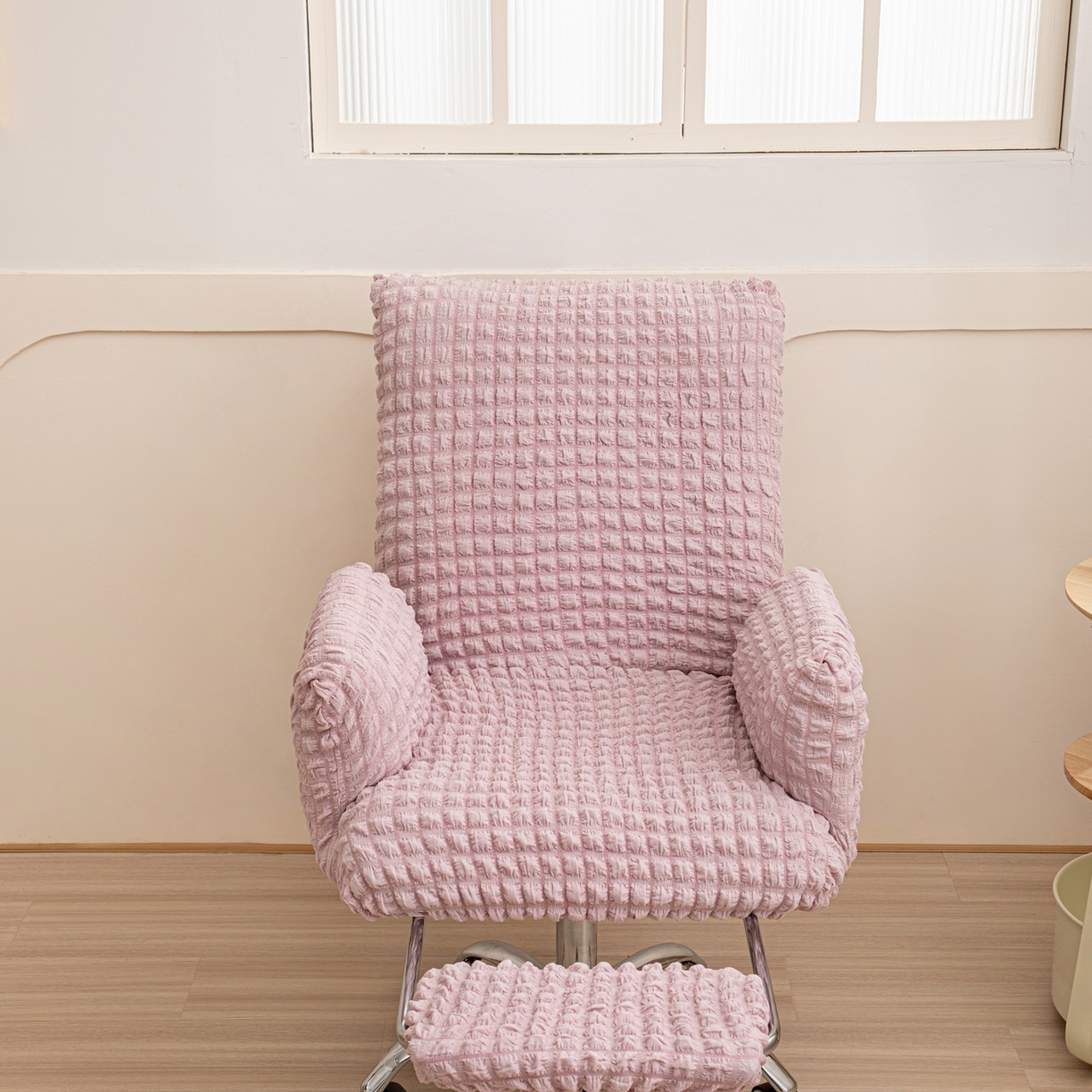 91家纺网 家纺一手货源 找家纺 沐沐家纺 2026新款泡泡纱办公椅套 粉色