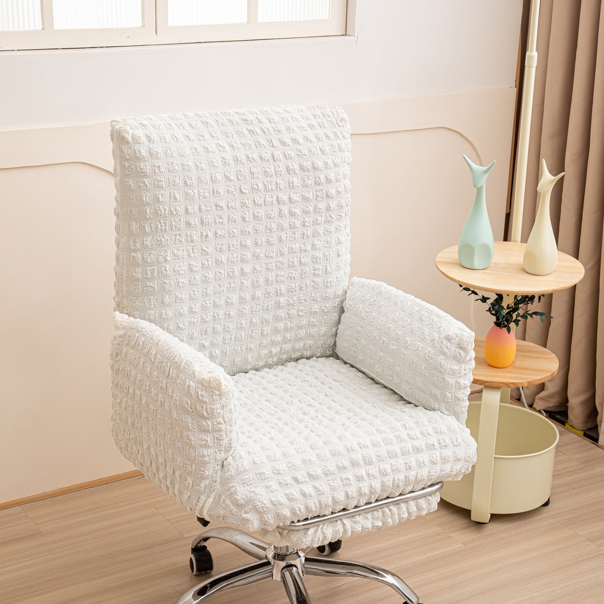 91家纺网 家纺一手货源 找家纺 沐沐家纺 2026新款泡泡纱办公椅套 米白