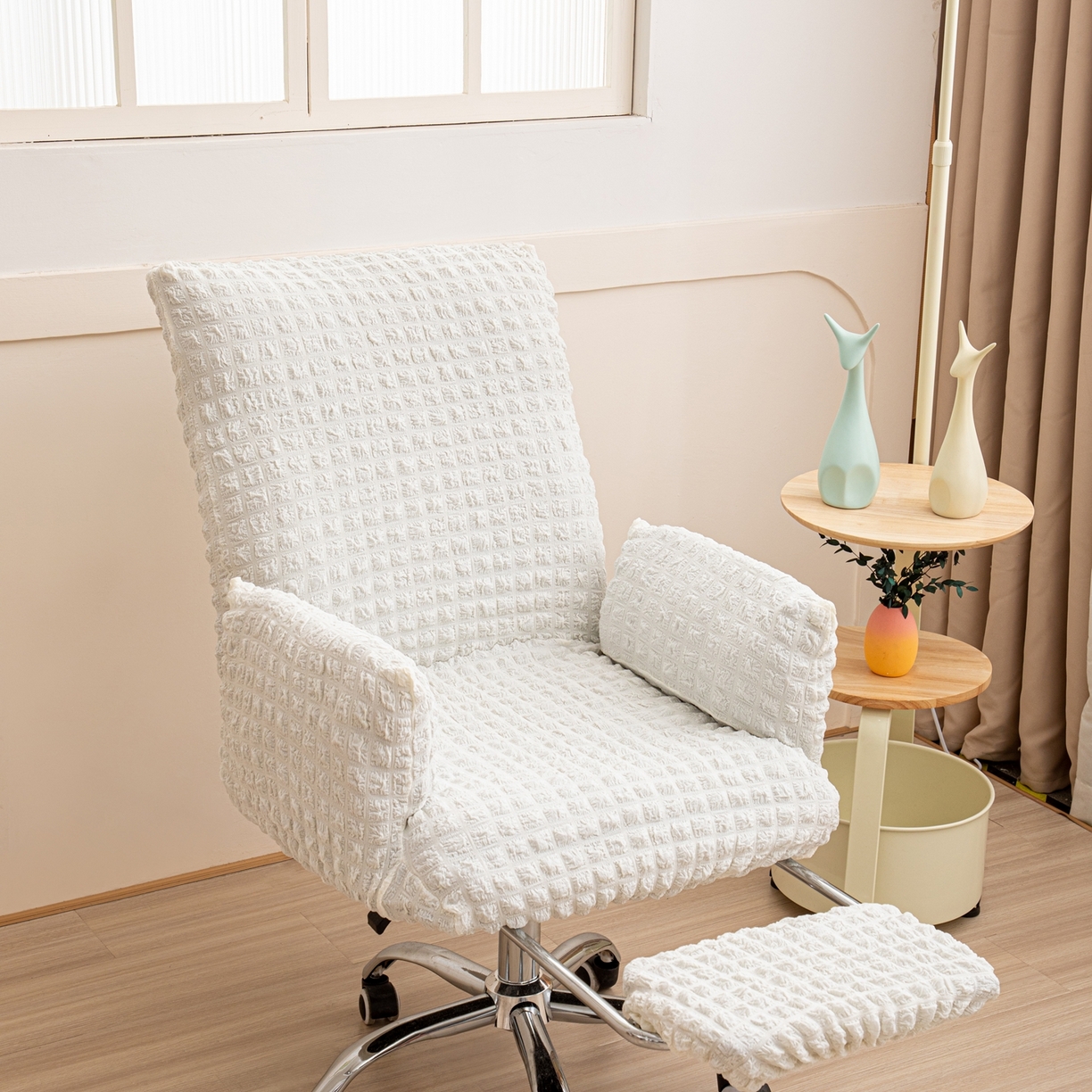 91家纺网 家纺一手货源 找家纺 沐沐家纺 2026新款泡泡纱办公椅套 米白