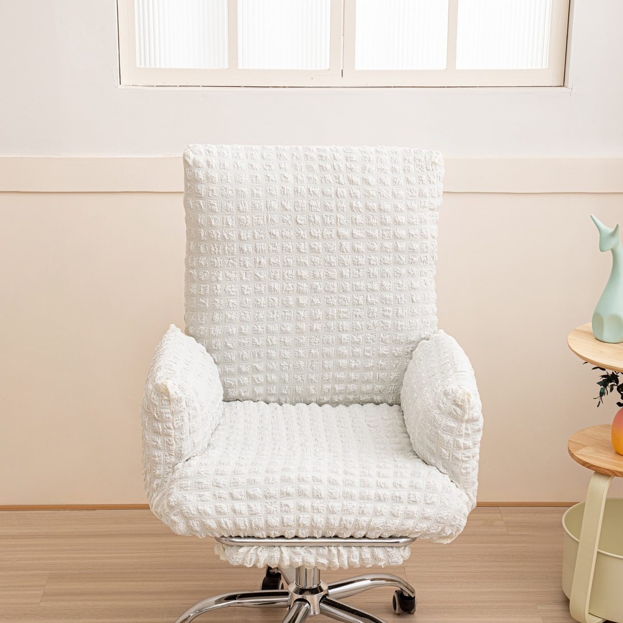 91家纺网 家纺一手货源 找家纺 沐沐家纺 2026新款泡泡纱办公椅套 米白