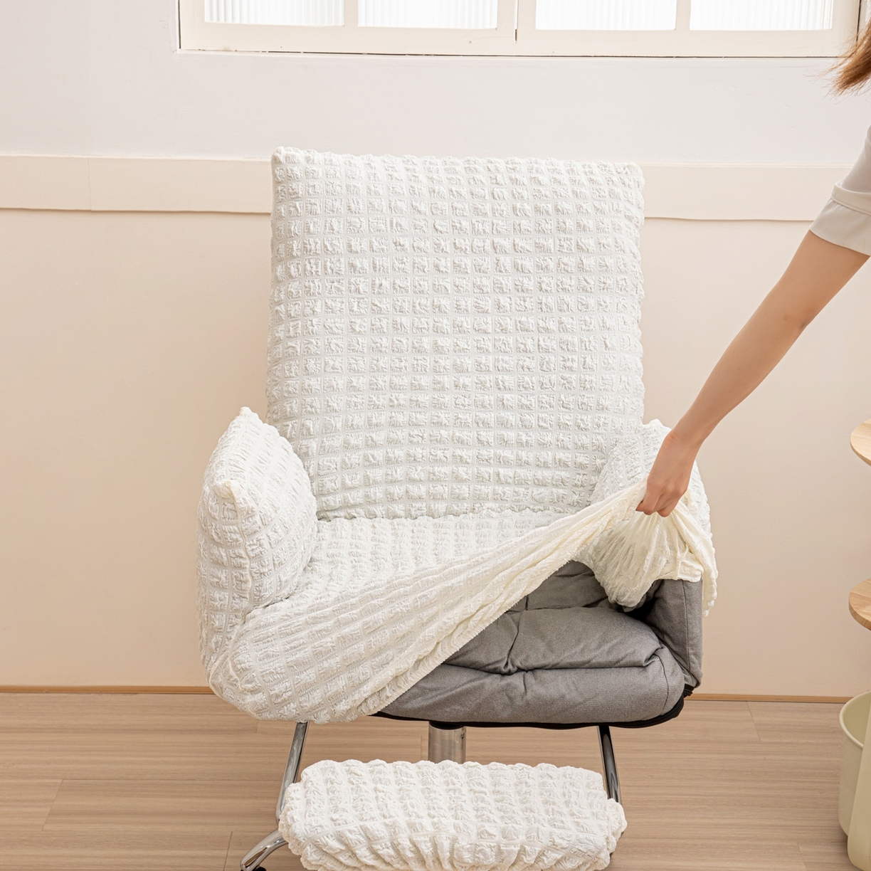 91家纺网 家纺一手货源 找家纺 沐沐家纺 2026新款泡泡纱办公椅套 米白