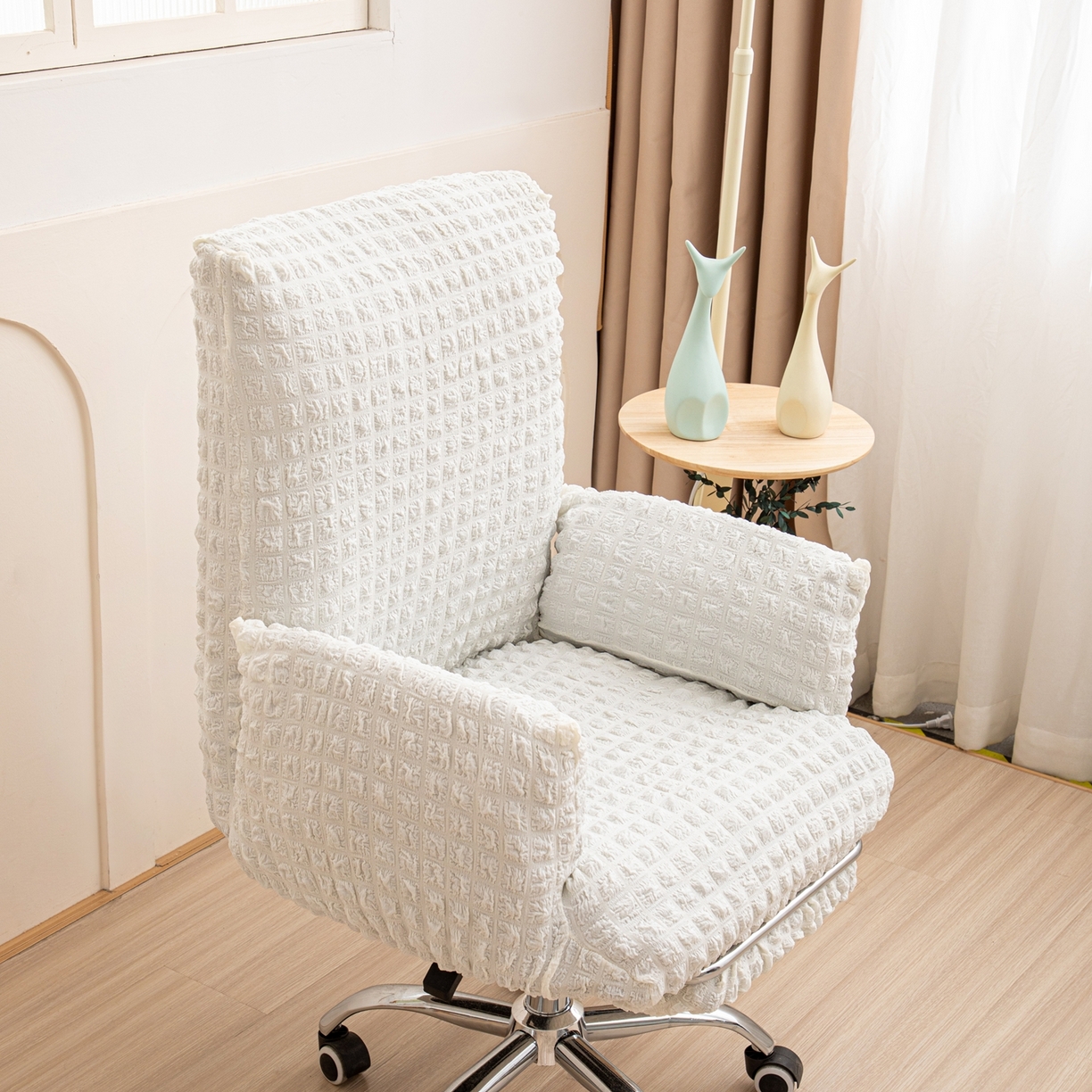 91家纺网 家纺一手货源 找家纺 沐沐家纺 2026新款泡泡纱办公椅套 米白