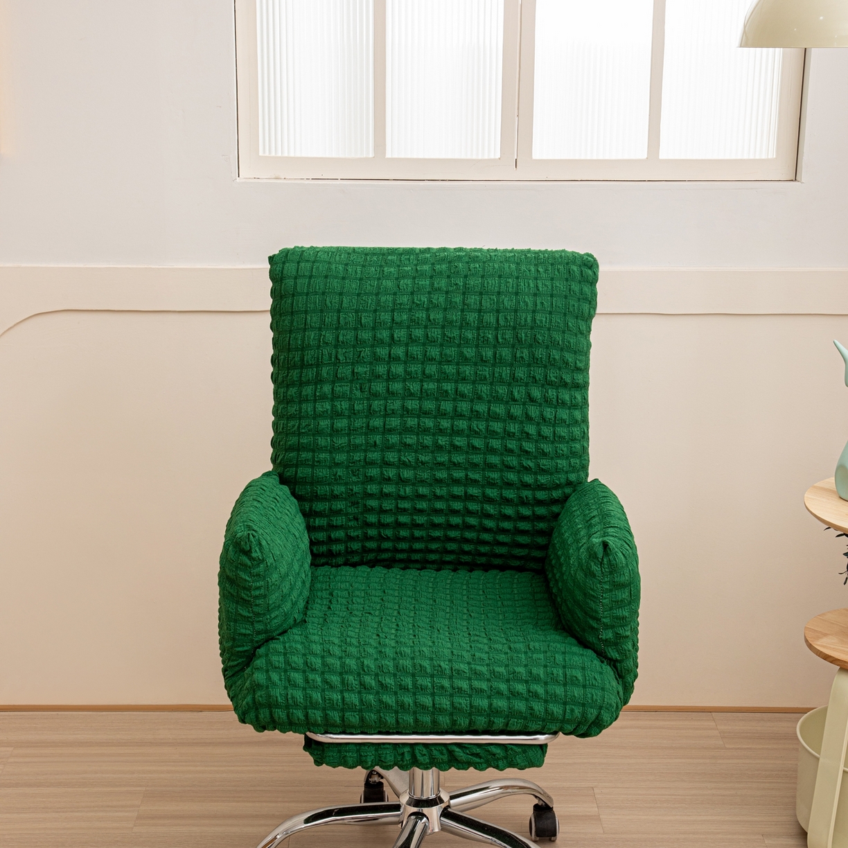 91家纺网 家纺一手货源 找家纺 沐沐家纺 2026新款泡泡纱办公椅套 墨绿