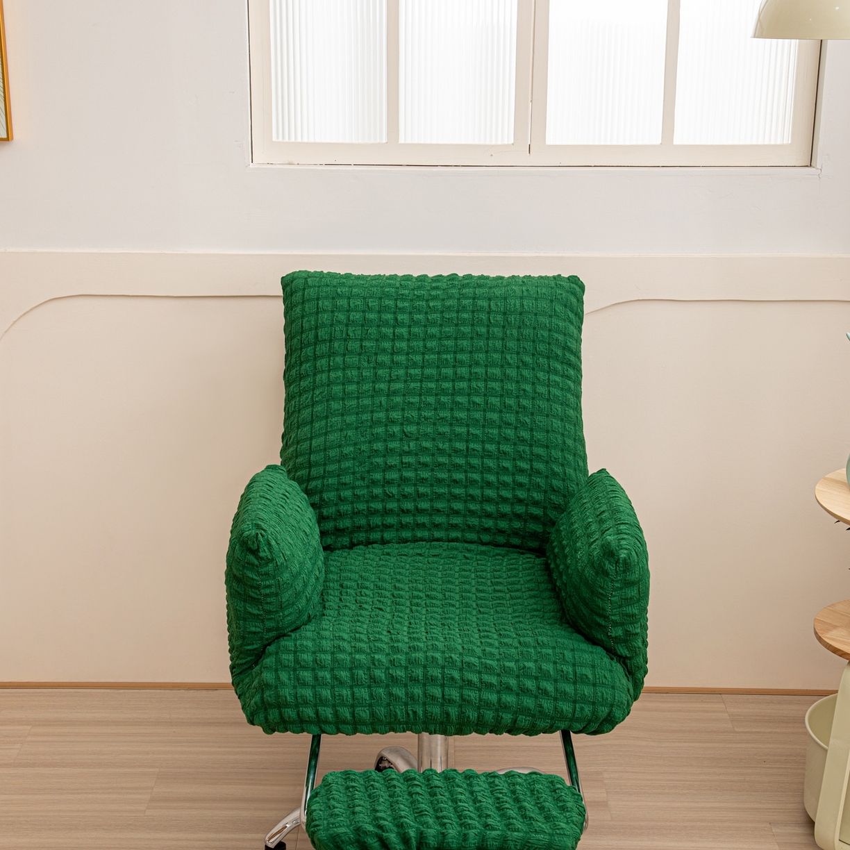 91家纺网 家纺一手货源 找家纺 沐沐家纺 2026新款泡泡纱办公椅套 墨绿