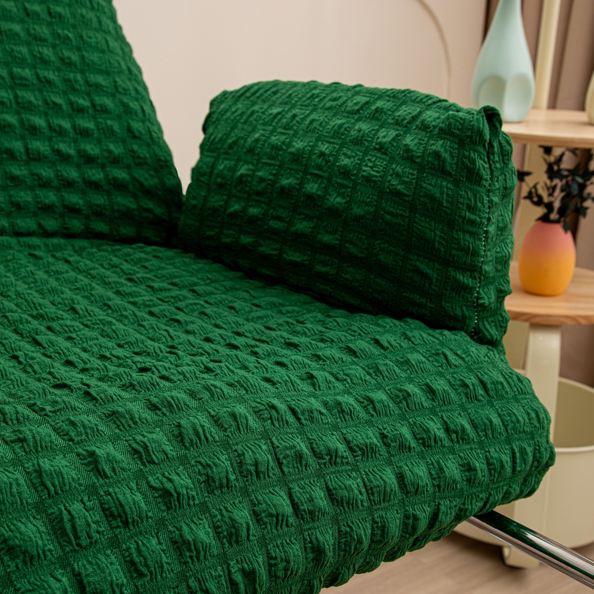 91家纺网 家纺一手货源 找家纺 沐沐家纺 2026新款泡泡纱办公椅套 墨绿