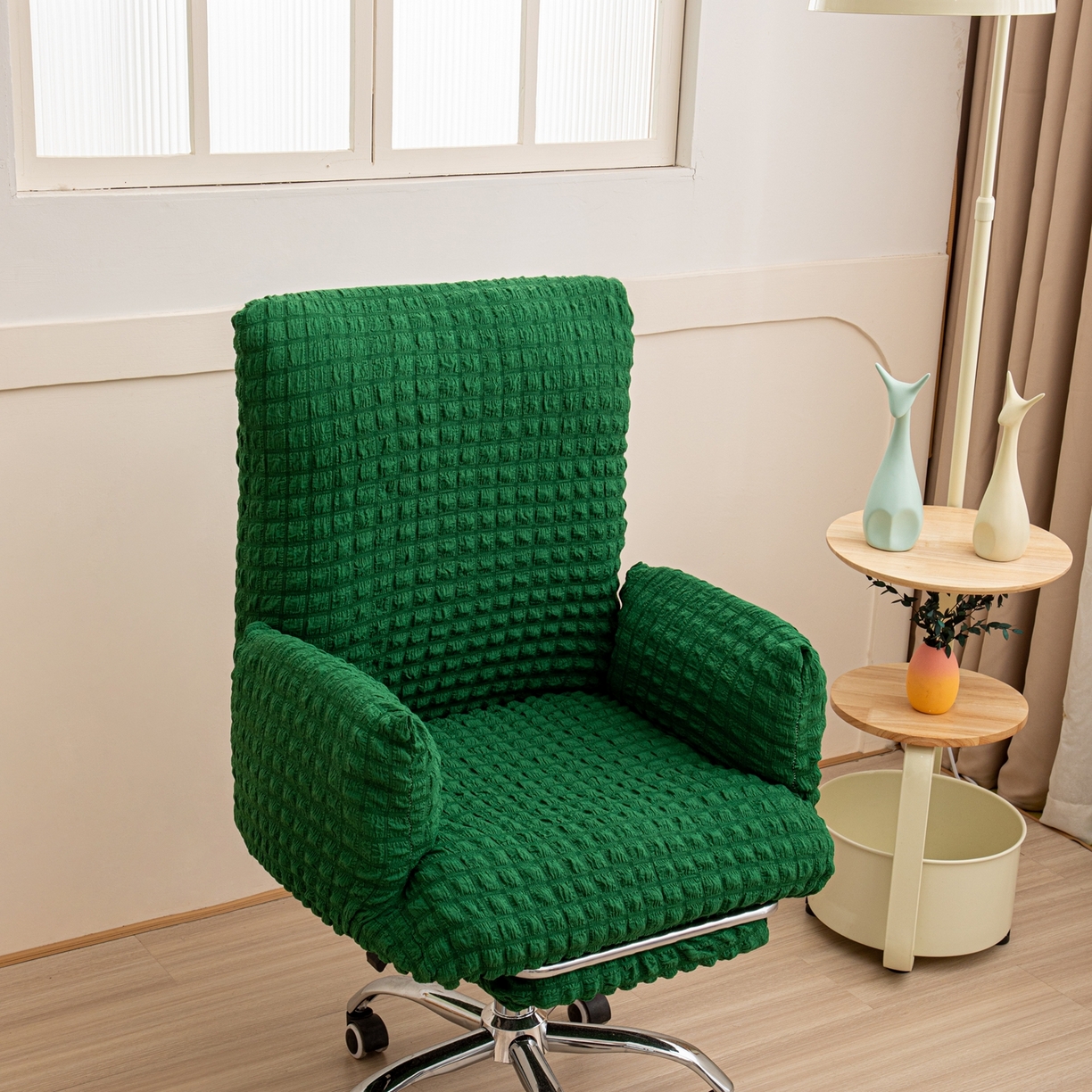 91家纺网 家纺一手货源 找家纺 沐沐家纺 2026新款泡泡纱办公椅套 墨绿