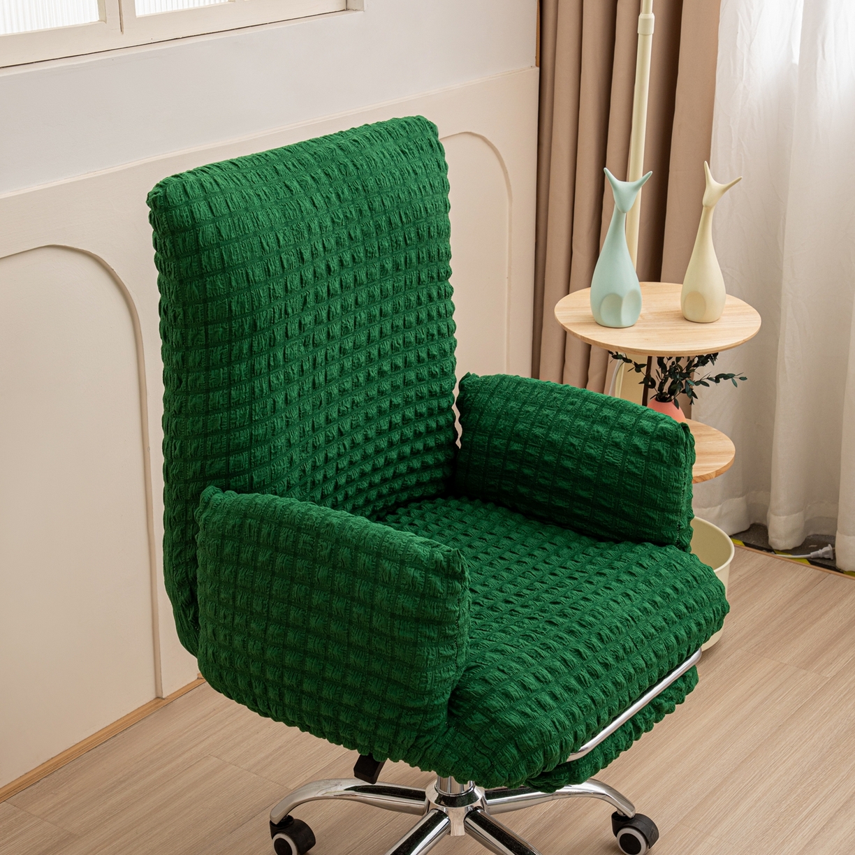 91家纺网 家纺一手货源 找家纺 沐沐家纺 2026新款泡泡纱办公椅套 墨绿