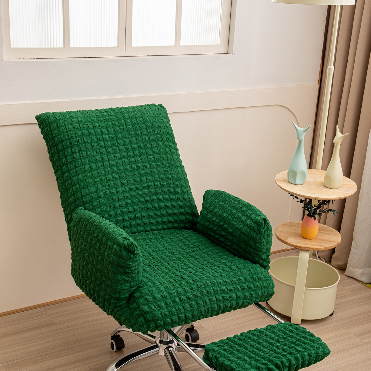 91家纺网 家纺一手货源 找家纺 沐沐家纺 2026新款泡泡纱办公椅套 墨绿