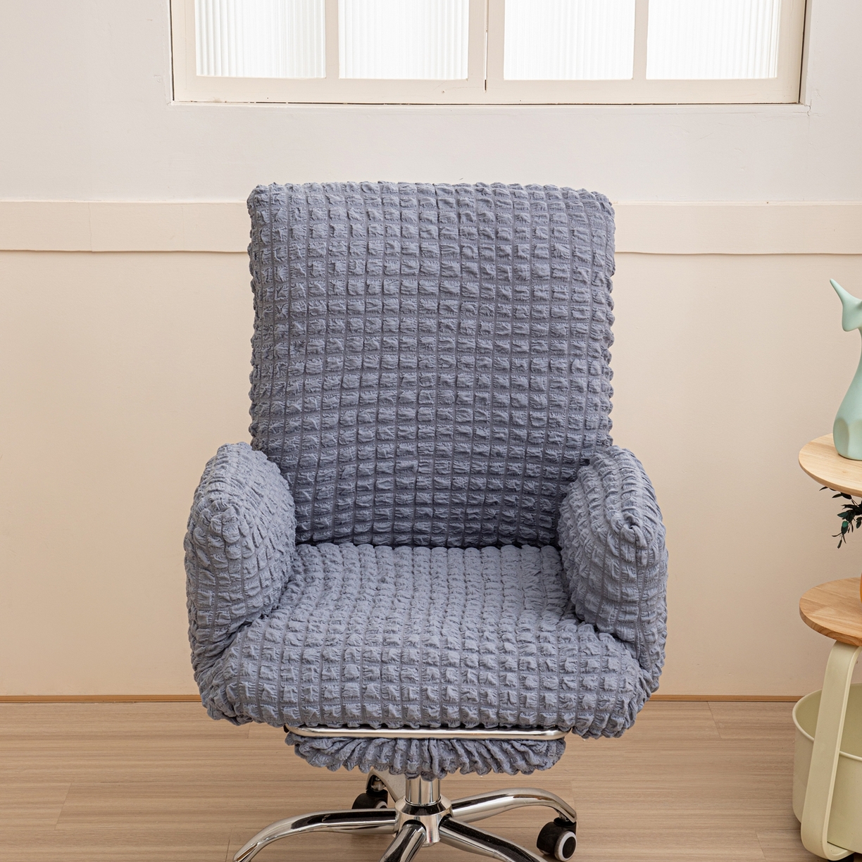 91家纺网 家纺一手货源 找家纺 沐沐家纺 2026新款泡泡纱办公椅套 浅灰