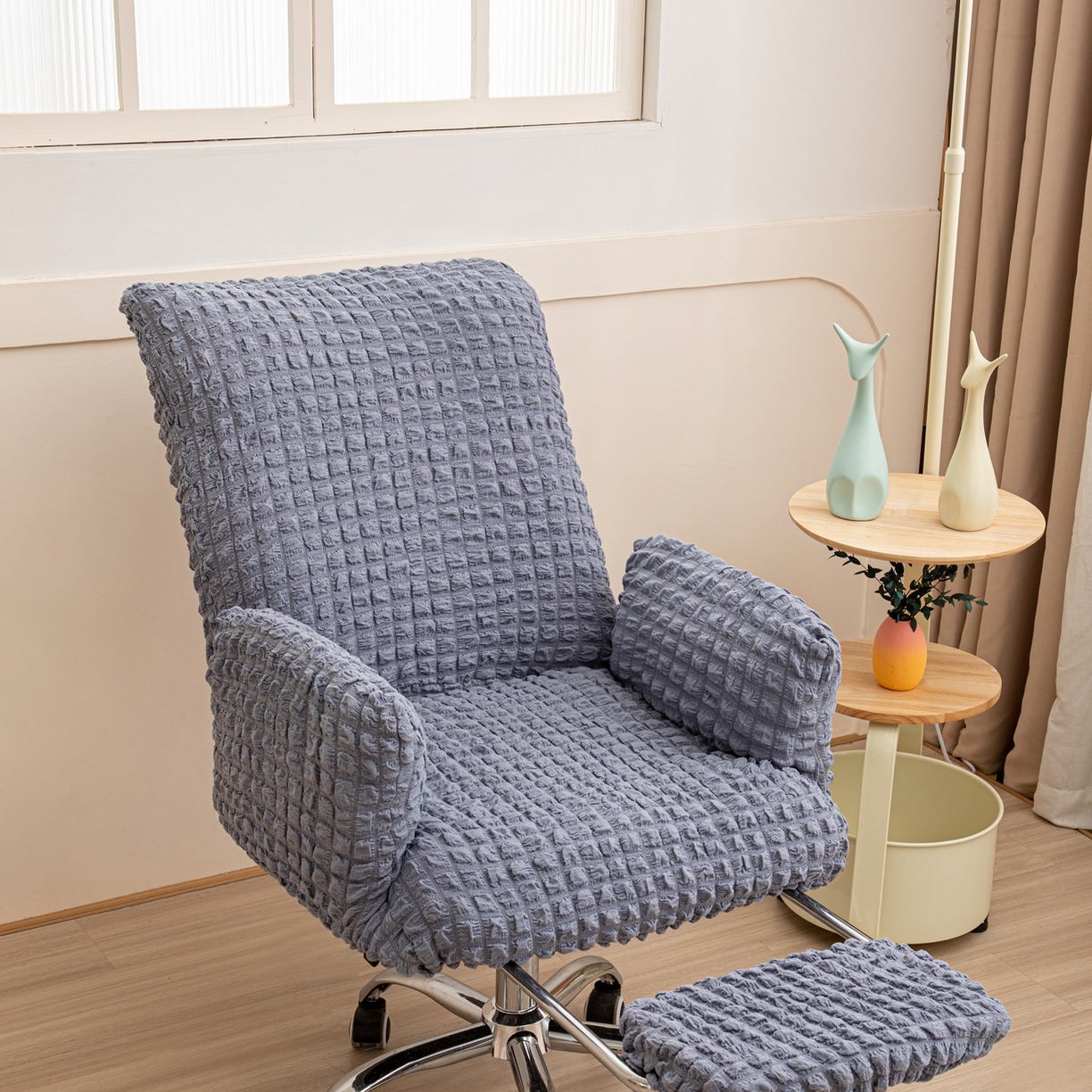 91家纺网 家纺一手货源 找家纺 沐沐家纺 2026新款泡泡纱办公椅套 浅灰