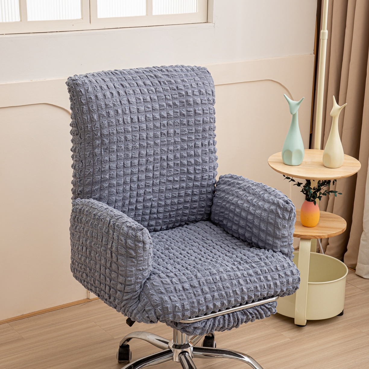 91家纺网 家纺一手货源 找家纺 沐沐家纺 2026新款泡泡纱办公椅套 浅灰