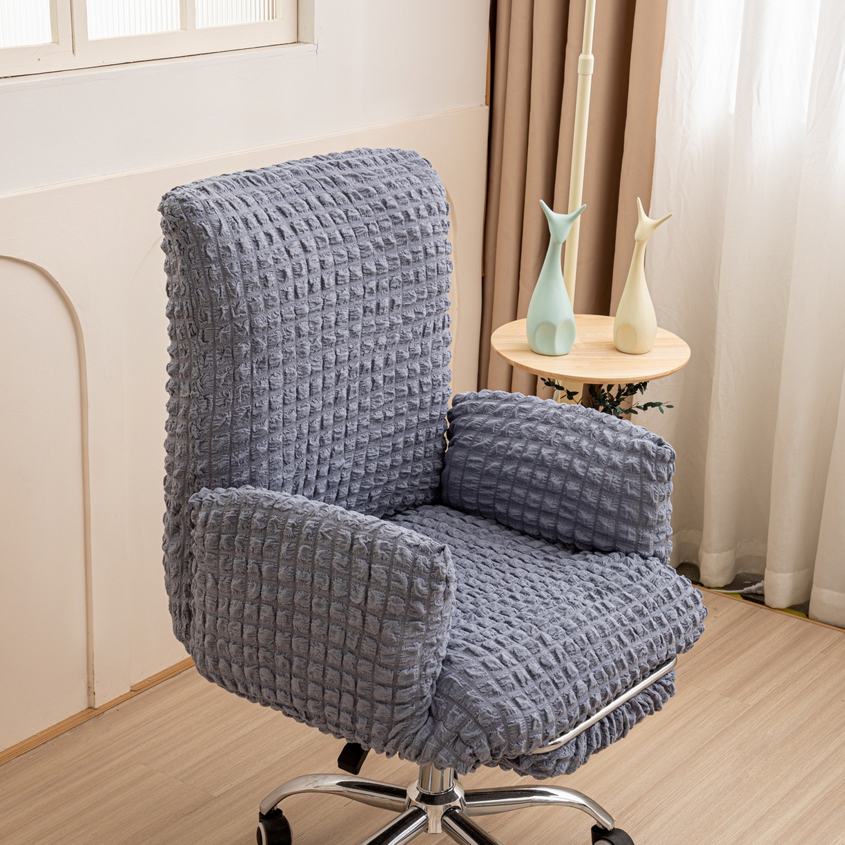 91家纺网 家纺一手货源 找家纺 沐沐家纺 2026新款泡泡纱办公椅套 浅灰