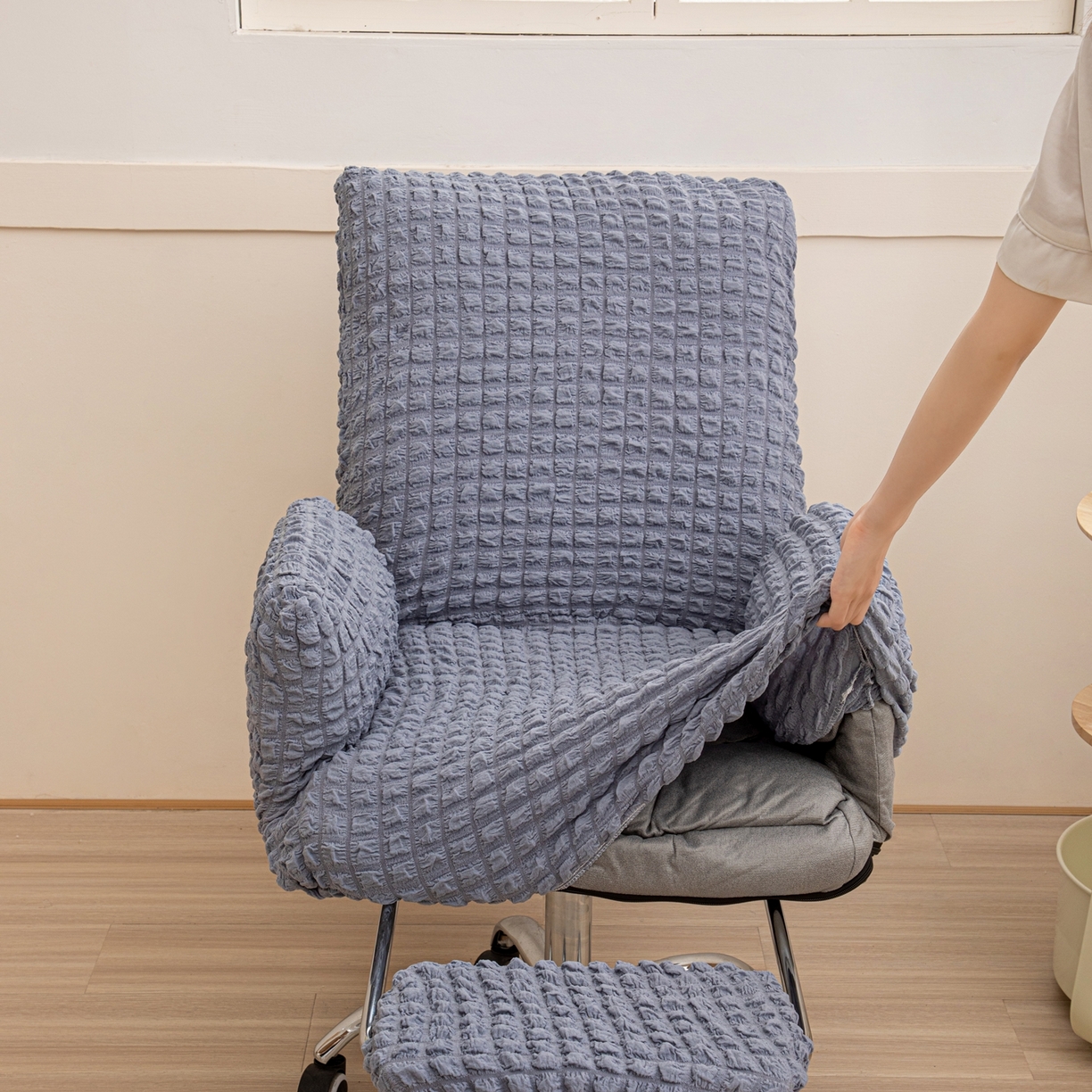 91家纺网 家纺一手货源 找家纺 沐沐家纺 2026新款泡泡纱办公椅套 浅灰