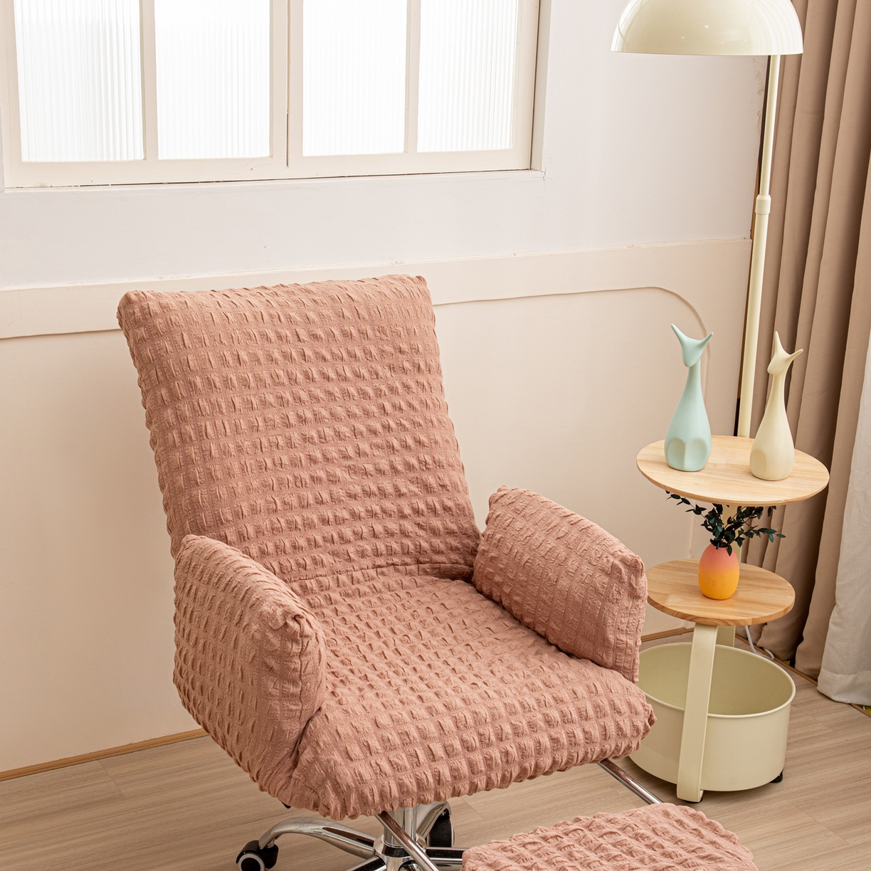 91家纺网 家纺一手货源 找家纺 沐沐家纺 2026新款泡泡纱办公椅套 驼色