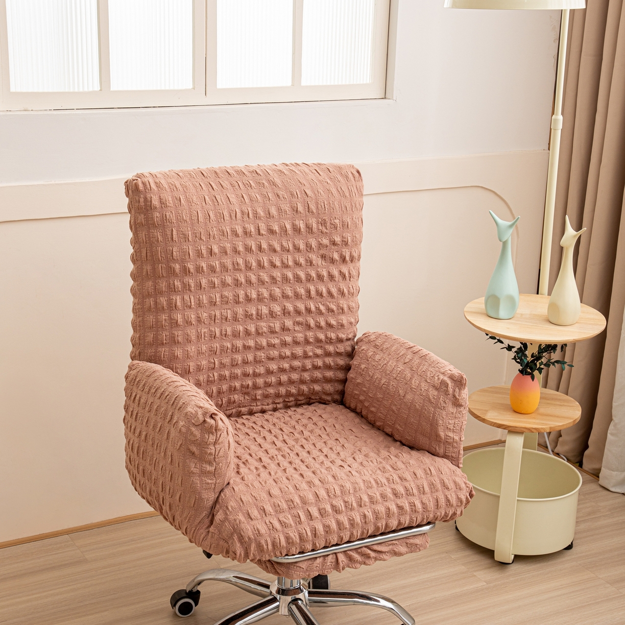 91家纺网 家纺一手货源 找家纺 沐沐家纺 2026新款泡泡纱办公椅套 驼色