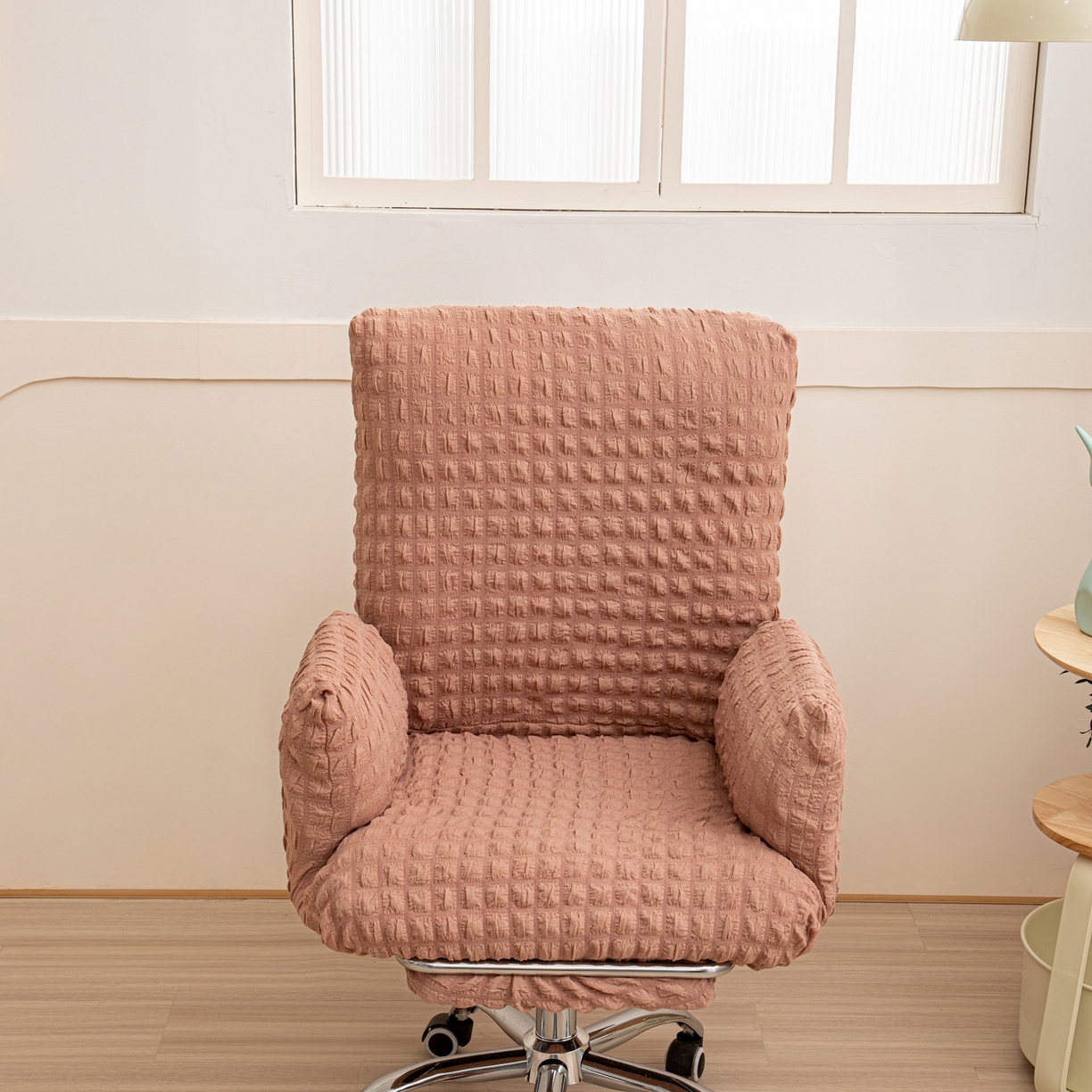 91家纺网 家纺一手货源 找家纺 沐沐家纺 2026新款泡泡纱办公椅套 驼色