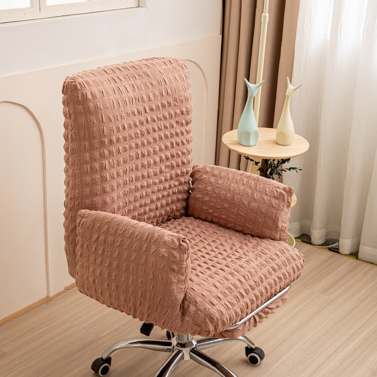 91家纺网 家纺一手货源 找家纺 沐沐家纺 2026新款泡泡纱办公椅套 驼色