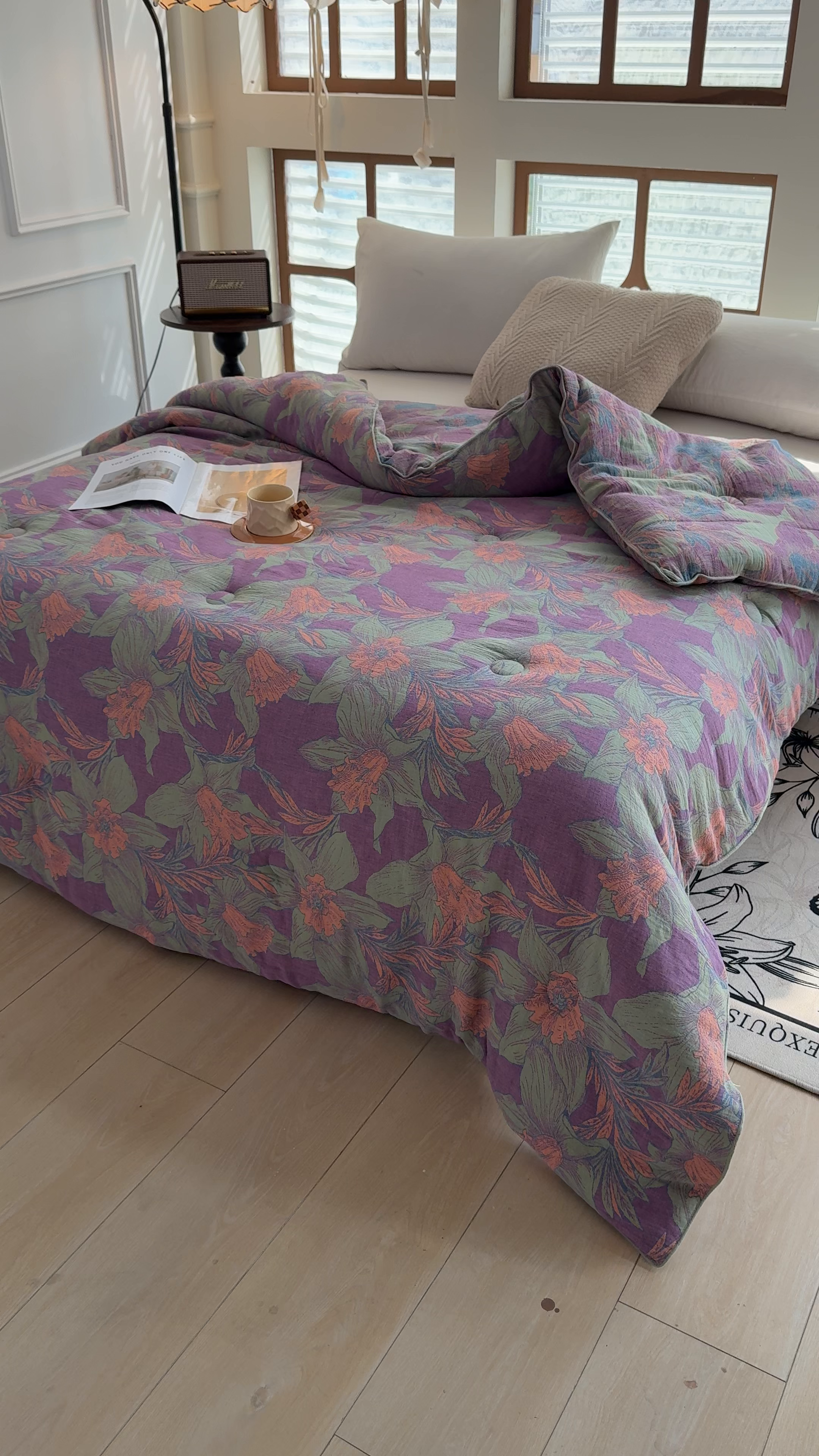 91家纺网 家纺一手货源 找家纺 全美家居 2025新款全棉色织双层纱春秋被夏被加厚冬被大豆纤维被 夕颜紫