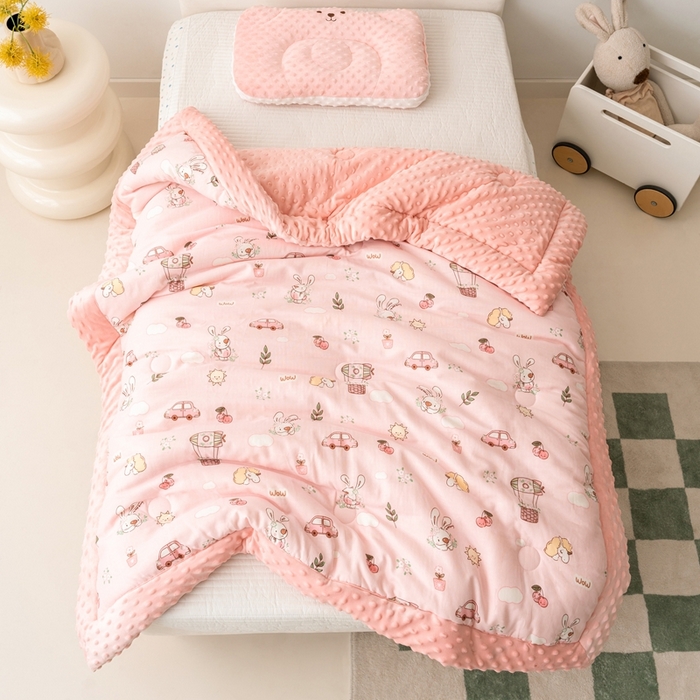 91家纺网 家纺一手货源 找家纺 嗨生活 2025年新款全棉纯棉双层纱豆豆被儿童被春秋被冬被幼儿园被子 花丛小兔