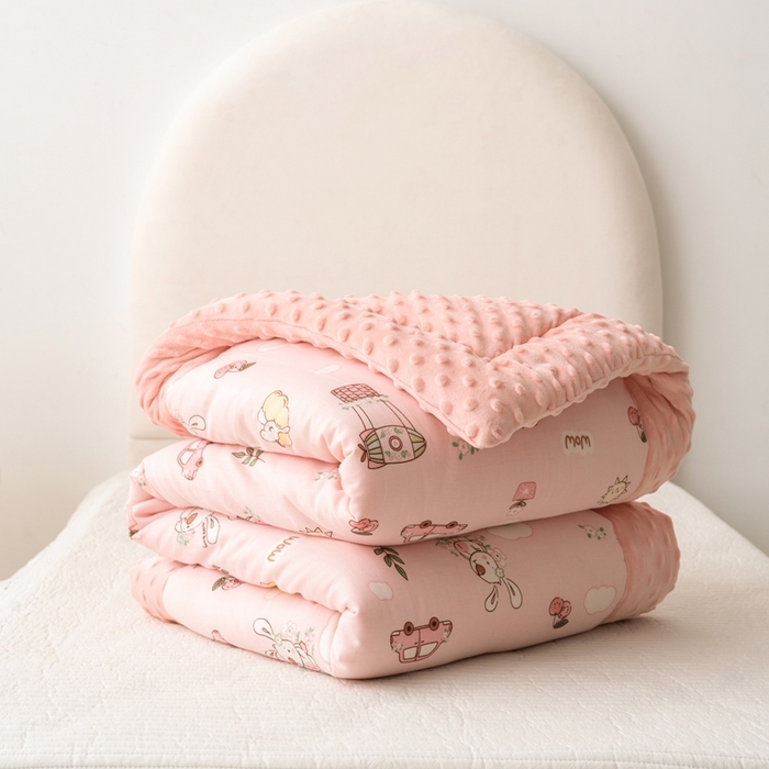 91家纺网 家纺一手货源 找家纺 嗨生活 2025年新款全棉纯棉双层纱豆豆被儿童被春秋被冬被幼儿园被子 花丛小兔