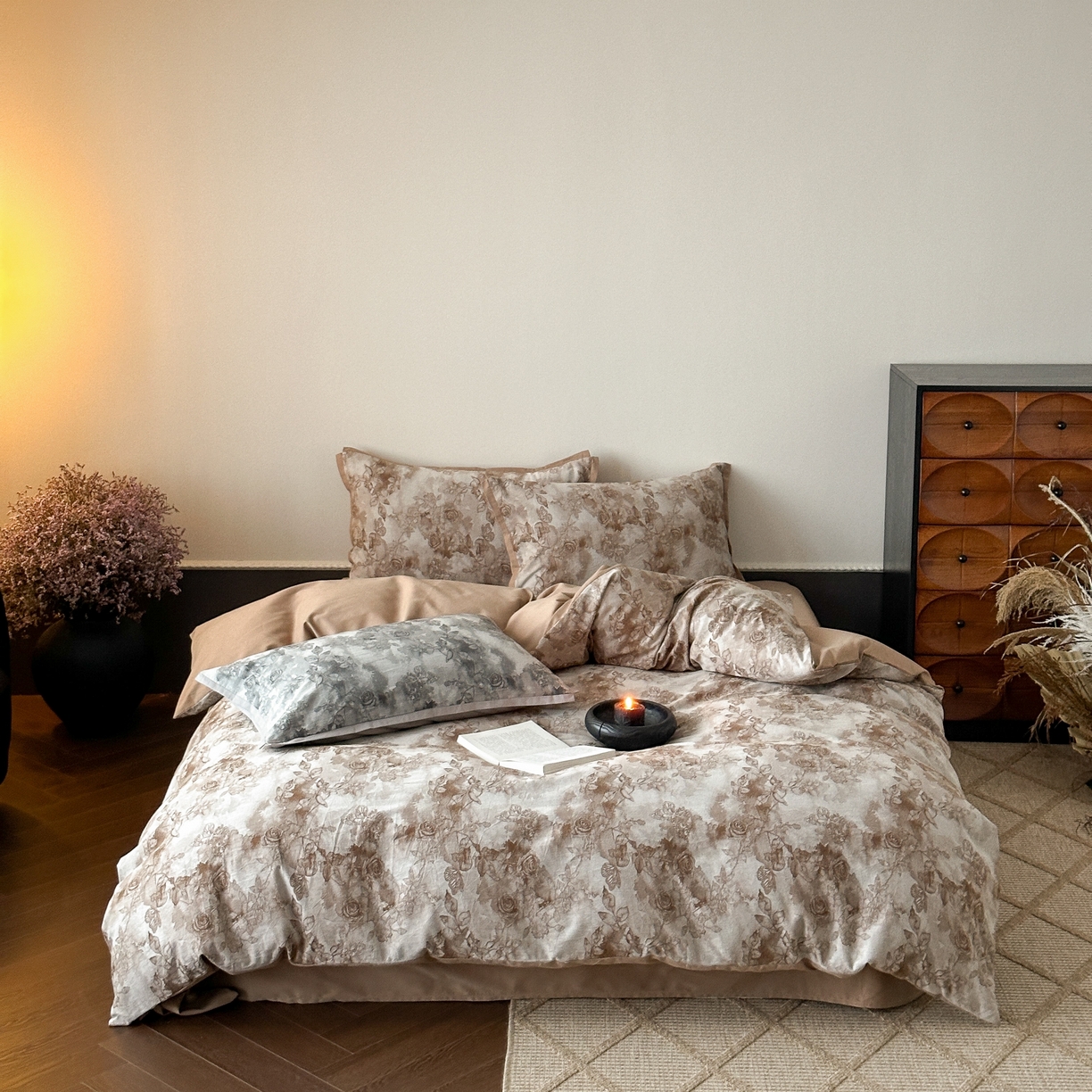 91家纺网 家纺一手货源 找家纺 （总）旷野 2025新款双色提花100支磨毛四件套-薄雾玫瑰