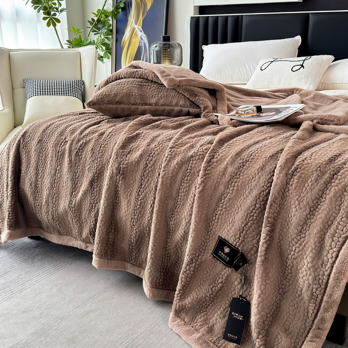 91家纺网 家纺一手货源 找家纺  2025新款双层仿水貂绒毛皮毯拉舍尔毛毯子云貂绒羊羔绒盖毯加厚双人毯 钻石-卡其