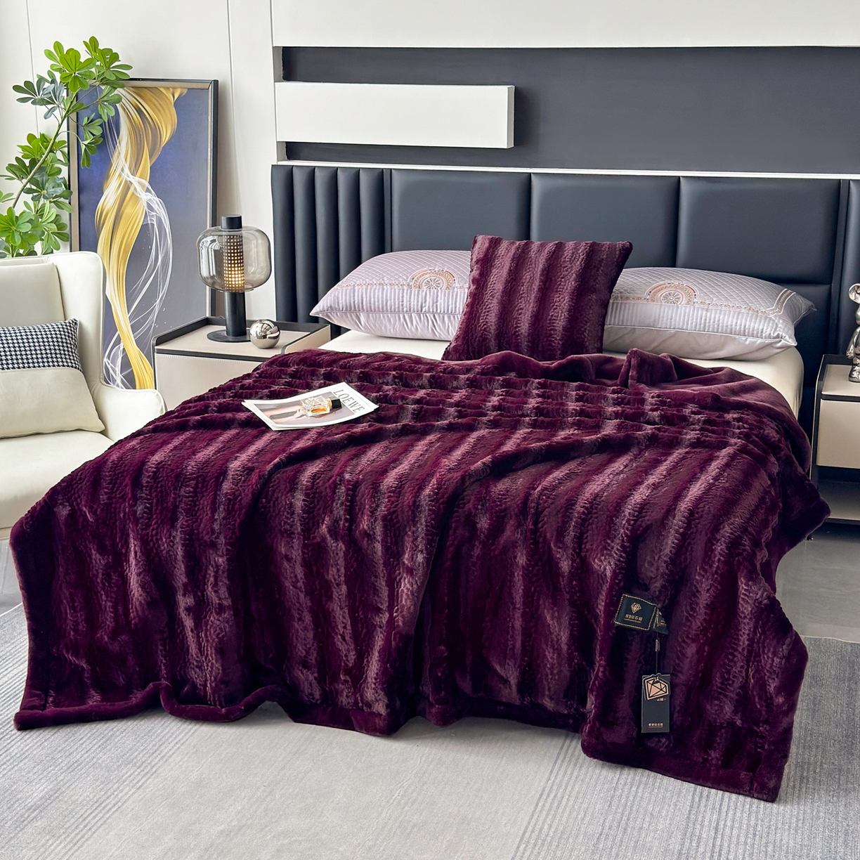 91家纺网 家纺一手货源 找家纺  2025新款双层仿水貂绒毛皮毯拉舍尔毛毯子云貂绒羊羔绒盖毯加厚双人毯 钻石-紫色