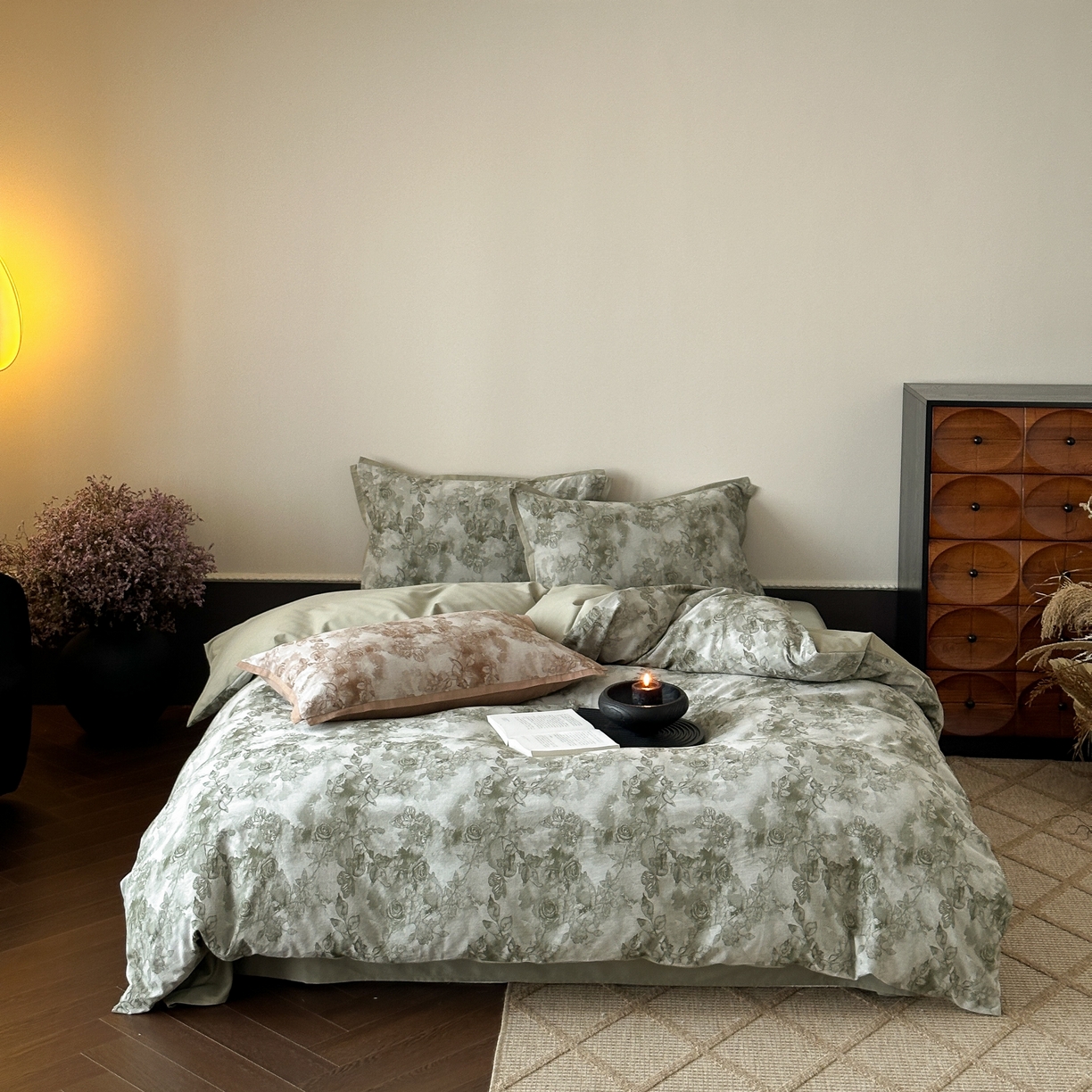 91家纺网 家纺一手货源 找家纺 旷野 2025新款双色提花100支磨毛四件套-薄雾玫瑰 薄雾玫瑰-摩登绿