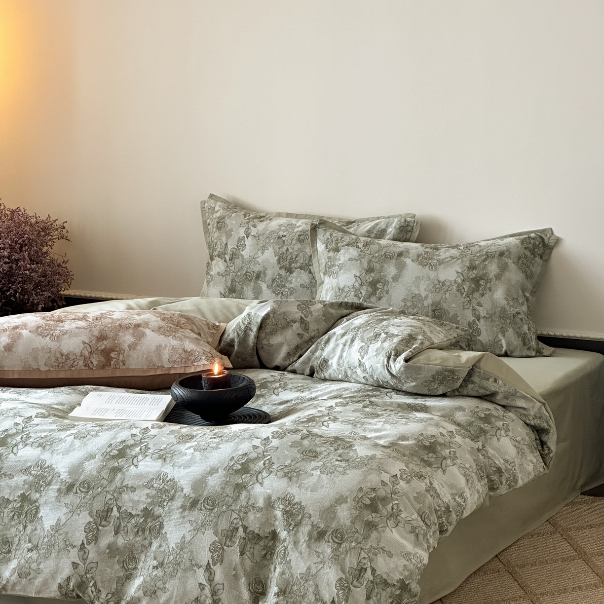 91家纺网 家纺一手货源 找家纺 旷野 2025新款双色提花100支磨毛四件套-薄雾玫瑰 薄雾玫瑰-摩登绿