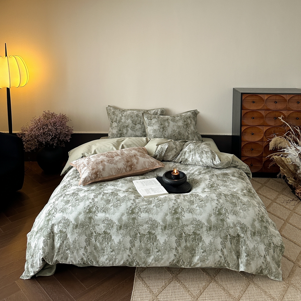 91家纺网 家纺一手货源 找家纺 旷野 2025新款双色提花100支磨毛四件套-薄雾玫瑰 薄雾玫瑰-摩登绿