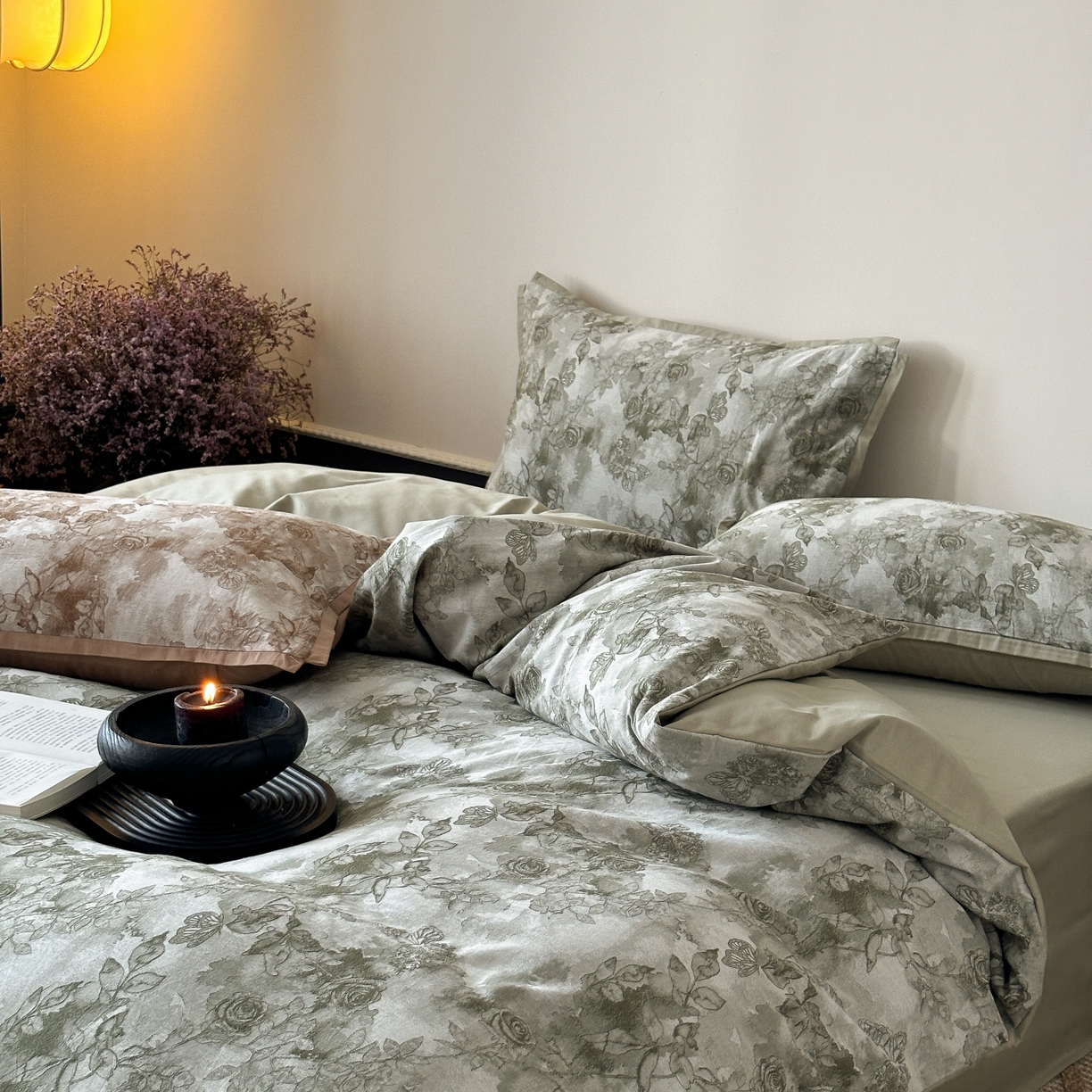 91家纺网 家纺一手货源 找家纺 旷野 2025新款双色提花100支磨毛四件套-薄雾玫瑰 薄雾玫瑰-摩登绿