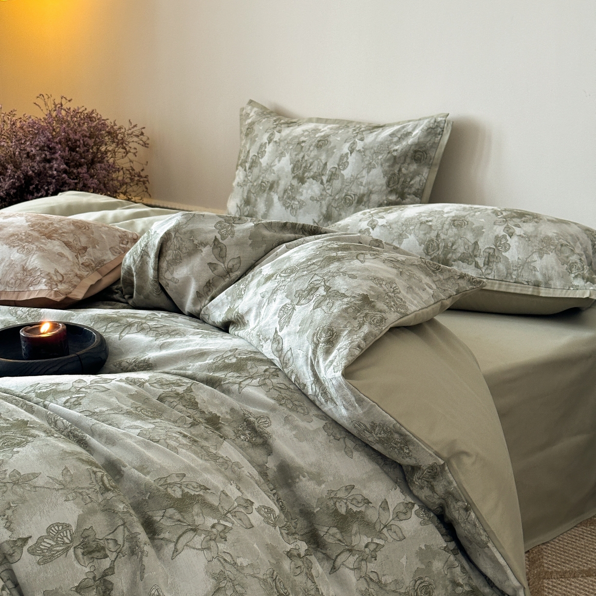 91家纺网 家纺一手货源 找家纺 旷野 2025新款双色提花100支磨毛四件套-薄雾玫瑰 薄雾玫瑰-摩登绿