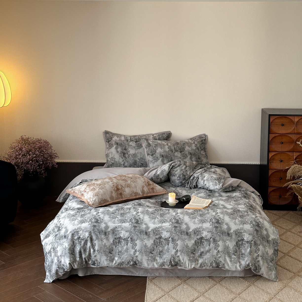 91家纺网 家纺一手货源 找家纺 旷野 2025新款双色提花100支磨毛四件套-薄雾玫瑰 薄雾玫瑰-乌木灰